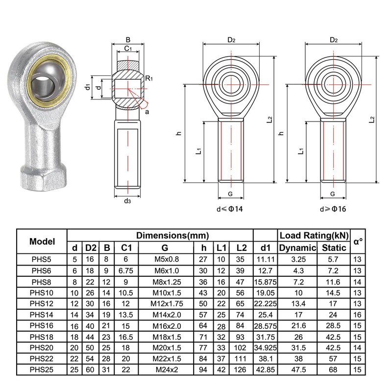 sourcing map 2pcs PHSA6 Female Rod End Bearing M6 Bore