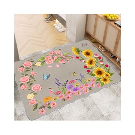 BYINGWD - Tapete para puerta de interior, lavable a máquina, feliz, floral, de pelo bajo, para entrada, cocina, puerta delantera, entrada, habitación de los niños (bonito beige, 60 x 90 cm)