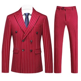 UNINUKOO Mens 2 Piece Pinstripe Suit for Men Double Breasted Tuxedo Business Wedding Dinner Party Jacket Pants Suit Set US Size 38 Red