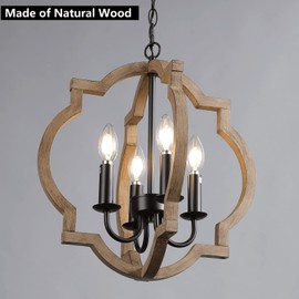 Plug in Chandelier with 16.4ft Cord,On/Off Switch,4-Light,Wood Color,Orb Wood Farmhouse Light fixtures,Outdoor Chandelier for Gazebo, Kitchen Island Dinning Foyer Entryway