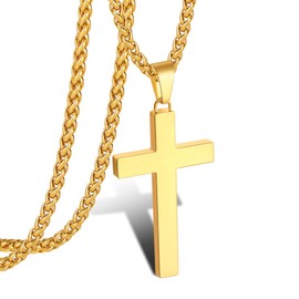 P. BLAKE Gold Cross Necklace for Men Boys, Stainless Steel Cross Pendant Chain Christian Religious Jewelry Valentine Christmas Gifts Him Male Teen Teenage Boy Oro Collar De Cruz Para Hombre