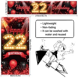 Happy 22nd Birthday Door Cover Porch Banner Sign Set - 22 Years Old Birthday Decoraions Party Supplies for Women Men - Red
