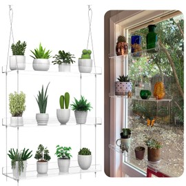 3-Tier Hanging Clear Plant Shelves for Windows, Acrylic Window Wall Plant Stand Shelf for Kitchen Indoor Gardens, Flower, Herb, Seedling Organization, and Pots Display, 16 Inch per Tier