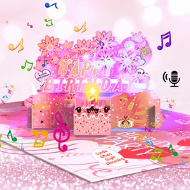 Yee hfafa 3D Pop Up Musical Birthday Cards - Recordable & Colorful LED Lights Singing Happy Birthday Cards with Blowable Birthday Candle, Greeting Cards Gifts for Women Sister Mom Wife Friends, Pink