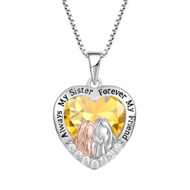 TIMFROZ 2 Sister Necklaces 925 Sterling Silver November Birthstone Citrine Color Birthstone Necklace Always My Sister Forever My Friend Gifts Jewelry Anniversary Birthday for Women Family Mother's Day