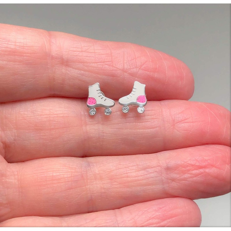 Sparkly Roller Skates Earrings - White and Pink Glitter -