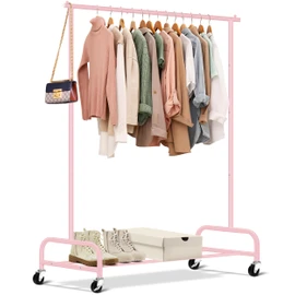 SLEEPING LAMB Heavy Duty Clothing Racks for Hanging Clothes Rack, 43" Wide Rolling Garment Rack Metal Clothing Hanger Rack with Wheels Wardrobe Rack for Coats, Shirts, Dress (Pink)