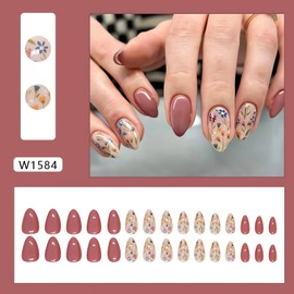 Almond Brown Flower Nails Press Ons - Extra Short Fake Nails with Blue Flower Designs - Summer Oval Glossy Stick on Nails for Women - Acrylic Glue on Nails Kit