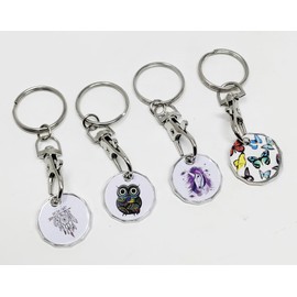 JRose Collections UK Shopping Trolley Token Keyring with Trolley Coins, Pound Coin & UK Supermarket Tokens - Trolley Key Release Tool 4 Coins with Assorted Designs
