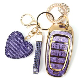 YIKECASE Key Fob Cover with Diamond Keychain Fit for Hyundai Car Key Holder Case Compatible with Hyundai 2024 2023 2022 Sonata Santa Fe Nexo Tucson Palisade Key Protector, 7 Buttons (Purple-Heart)