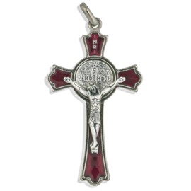 2" Saint Benedict Cross Pendant with Colored Enamel (Silver-Red)