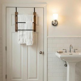 MyGift Over The Door Towel Rack for Bathroom, Rustic Solid Burnt Wood Towel Storage Organizer, 3 Tier Matte Black Metal Towel Bar, Space Saving Bathroom Door Hanging Towel Holder