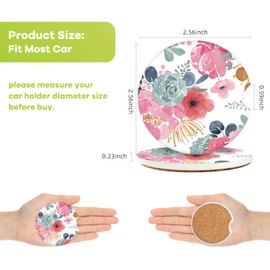 Colorful Flowers Car Coasters for Drinks Absorbent with Cork, Cute Ceramic Car Coasters for Cup Holders Set of 2 with A Finger Notch for Easy Removal,Auto Accessories for Women & Men