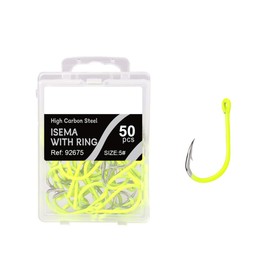 FONGKNOX Isema Fishing Hook with Ring Fluorescence Coated Eyed Fishing Hook High Carton Steel Durable Sharpness Barbed 5H Hardness Bend Freshwater Saltwater Sea Fishing Trackle Size 5# Pack of 50