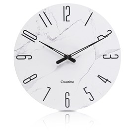 Crosstime Wall Clock White Marble Theme Modern Decorative Waterproof Glass Clock for Bathroom Kitchen Home, 12 Inch Battery Operated