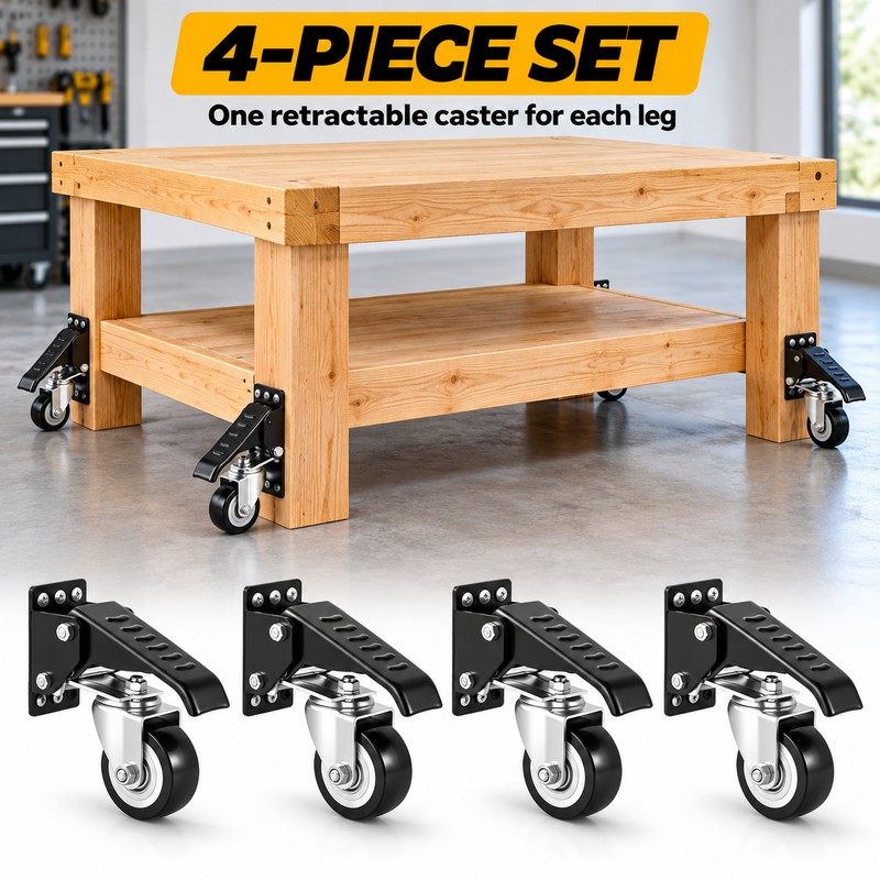 4 Pack 2.5 Inch Retractable Workbench Casters, 360° Swivel Liftable