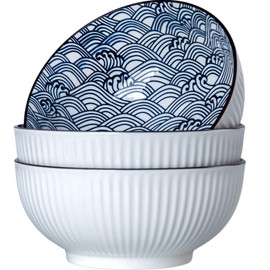 Yuanlity 60 oz Large Soup Bowls, Pho Bowls, 8 Inch Blue and White Ceramic Japanese Ramen Bowls Set of 3 - Wave Pattern