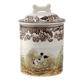 Spode Woodland Dog Treat Jar 7" | Dog Treat Container with Ceramic Lid | Assorted Hunting Dogs Design with Bone-shaped Handle | Made from Stoneware