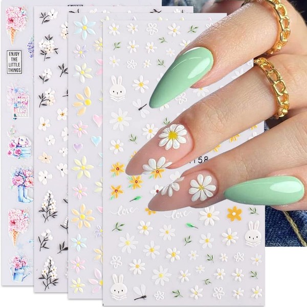 5D Nail Art Stickers, Flower Nail Decals Embossed Daisy Floral Nail Art Stickers Self-Adhesive Nail Art Supplies Blossom Leaf Bunny Spring Nail Decoration Acrylic Nails for Women Girls(4 Sheets)