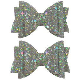 Grey Sliver Beautiful Glitter Hair Bows Clips Slides Grips for Woman Girls Handmade 3.5" inch - 2 Pack