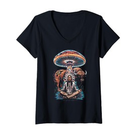 Womens Native American Buffalo Vintage Spirit Mushroom Meditation V-Neck T-Shirt