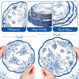 Mumufy 100 Pack Wild Floral Paper Plates Flower Dinner Decoration 9" & 7" Disposable Watercolor Dessert Plates for Wedding Birthday Baby Shower Bridal Tea Party Supplies(Blue Flowers)