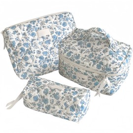 Aesthetic Cosmetic Bag, Travel Flower Pattern Makeup Bag, Set of 3 Cosmetic Bag, Women's Quilted Toiletry Bag with Floral Pattern, Travel Cosmetic Bag Set Women, Makeup Bag for Everyday and Travel