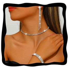 Aukmla Rhinestone Wedding Jewelry Sets Silver Choker Necklaces and Earring Bracelet Set Prom Jewelry for Brides and Women (Silver)