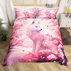 Fox Duvet Cover Set Queen Size,Pink Cherry Blossom Bedding Set 3Pcs,Wild Animals Plants Comforter Cover for Kids Girls Woman Adult Bedroom Decor,Japanese Style Romantic Quilt Cover,2 Pillowcases