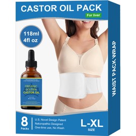 Castor Oil Organic Cold Pressed Unrefined Glass Bottle(4fl.oz/118ml), 7.9"*6.5" Disposable Castor Oil Pack Wrap Kit, 100% Leak-Free, No Adhesive, Zero Allergy, Comfort fit, No Wash, Size L-XL, 8 Count