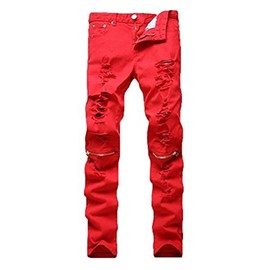 Leward Men's Ripped Skinny Distressed Destroyed Straight Fit Zipper Jeans with Holes No Belt (Red, 30)