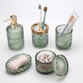 IVAILEX 5PCS Green Glass Bathroom Accessories Sets of Lotion Dispenser, Soap Dish, Toothbrush Holder, Tumbler, Cotton Swab Jars, Modern Bath Decor, Vintage Gift