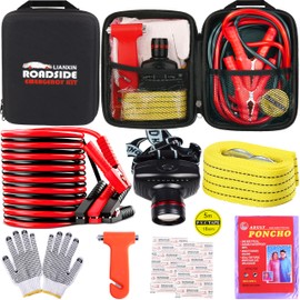 LIANXIN Car Roadside Emergency Kit, with Jumper Cables Automotive Kit,Car Safety Roadside Assistance Kit Headlamp,Tow Straps, Safety Hammers, Rainwear, Gloves.Black