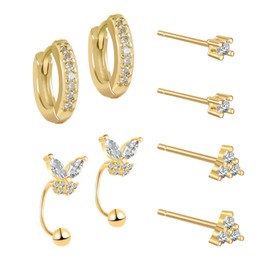 ZOCOYUU Gold Stud Set for Women,14k Gold Plated Cartilage Earring Sets for Multiple Piercing Hypoallergenic Zirconia Huggie Hoop Jacket Earring (4 Pairs - Gold White Set 2)