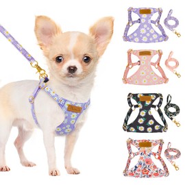 SlowTon Dog Harness with Lead, No-Pull Lightweight Soft Suede Puppy Harness with Floral Pattern and Snap Buckle, Adjustable Dog Harness for Small and Medium Dogs (Purple, S)