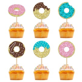 24 PCS Donut Cupcake Toppers, Sweet Theme Cupcake Topper Glitter Donut Decorations for Celebrating Baby Shower Birthday Wedding engagement Party Supplies