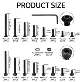 840 Pcs M2.5 Small Metric Screws with Nuts, Hex Socket Head Cap and Nut Assortment Kits, Carbon Steel Replacement Machine Fastener Screws and Bolts Nuts (M2.5 840 Black)