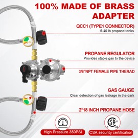 RV Propane Regulator 2 Tank Hoses, 2-Stage Auto Changeover LP Propane Gas Regulator with Two 18 inch Stainless Steel Braid Pigtail with Gauge, Dual Propane Tank Connection kit for RV Trailers Camper
