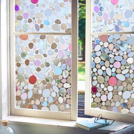 Viseeko Stained Glass Window Privacy Film：3D Pebble Decorative Rainbow Film Easy Install Colored Window Cling Non-Adhesive UV Protection 11.8x157inch