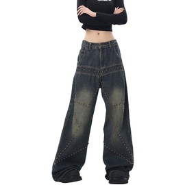 Cotoinddy Women's Y2k Riveted Star Gothic Jeans Street Fashion Loose Low Rise Baggy Denim Pants (US, Alpha, Medium, Regular, Regular, Blue)