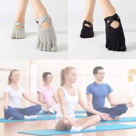 YINETTECH 2 Pairs Non-Slip Yoga 5 Toe Socks Set Women's Full Toe Workout Grey + Black, multicoloured