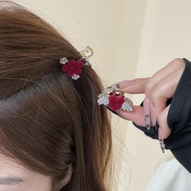 Yheakne Vintage Mini Velvet Flower Hair Claw Clip Tiny Red Rose Rhinestone Hair Clamp Clip Gold Cz Flower Barrette Floral Hair Claw Barrette Headpieces Decorative Hair Accessories for Women (Red 2)