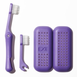 Minibox Folding Travel Toothbrush with Dual-Length Bristles & Case, Compact Mini Design for Business Trips, Camping, and Outdoor Activities, 1 Pack with 1 Extra Replaceable Brush Heads, Purple