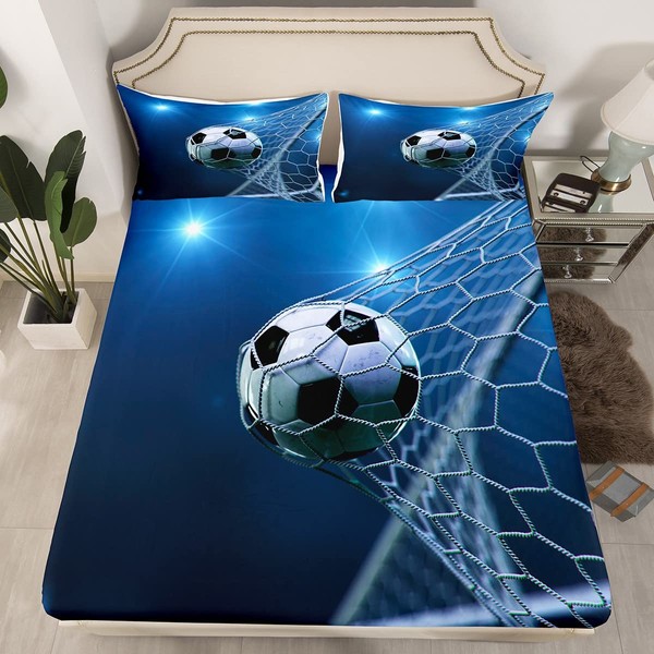 Rugby Sports Fitted Sheet Football Bedding Set for Kids Teens Soccer Ball Game Bed Sheet Set Gift for Soccer Lover Blue Bed Cover Double Size Bed Cover 3Pcs