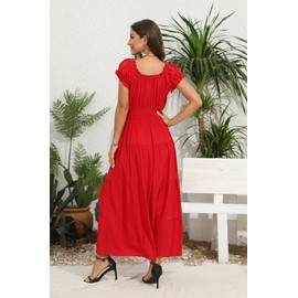 OSTOO Women's 2025 Summer Short Sleeves Boho Floral Print Tiered Casual Flowy Long Maxi Dress(Red,XL)