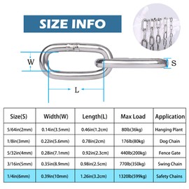 hannger Stainless Steel Chain, 1/4 in × 6.6 Ft Heavy Duty Strong Safety Chain Link Chain, Thick Metal Chainlink Tough Mooring Chain for Boat, Anchor Chain, Fence Gates, Anti-Theft, Swing, Tire Chains