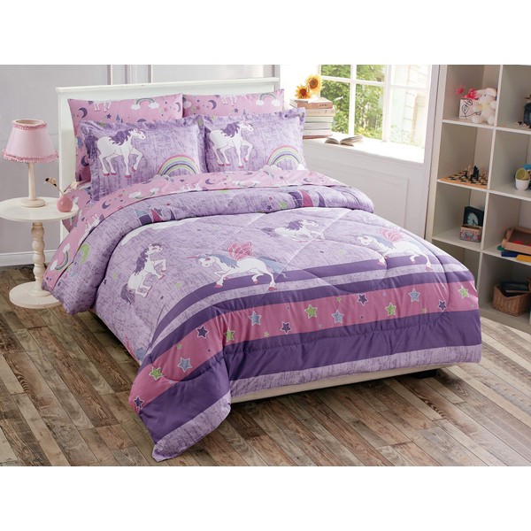 Home Collection Twin Size Comforter and Sheet Set Unicorn Castle Rainbow Lavender Pink Purple Multi-Color for Girls Teens New # Unicorn Lavender v