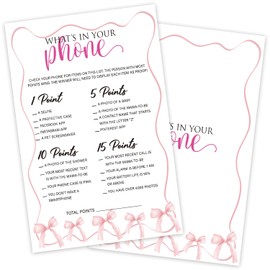 ZARYFANCHY What's in Your Phone Game, Baby Shower Games for Boy or Girl, 30 Pink Bow Game Cards, Gender Reveal Announcement Party Activity Supplies-A11
