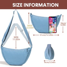 LOCCY Women's Half Moon Crossbody Shoulder Bag, Hobo Halfmoon Bag, Plain Nylon Crossbody Bag, Women's Half Moon Shoulder Bag with Adjustable Shoulder Strap for Women Travel, lightblue