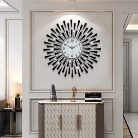 FLEBLE Modern Large Wall Clocks for Living Room Decor Big Silent Wall Clock Battery Operated Non-Ticking for Kitchen Bedroom Home Decoration Black Metal Round Quartz Clock Wall for Office Indoor